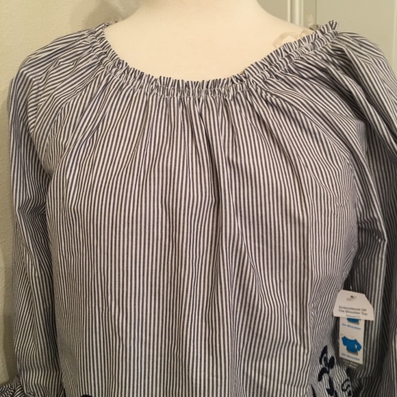 Blue/White Striped summer top with embroidered (S) - Picture 7 of 8
